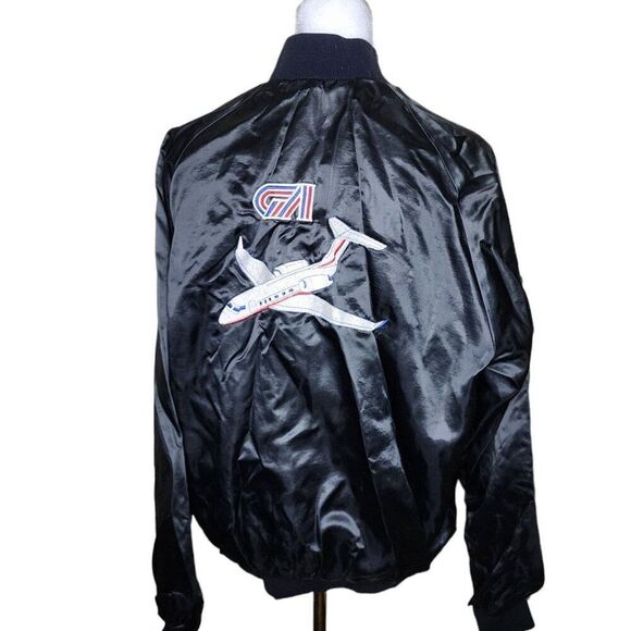 Vintage 80s Satin Snap Bomber Jacket Mens L Black Plane Aviation Flying - Picture 1 of 8